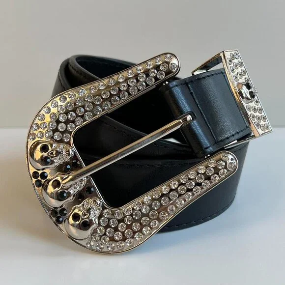 y2k 2000s chrome skull rhinestone black and silver grunge emo belt - Picture 7 of 8